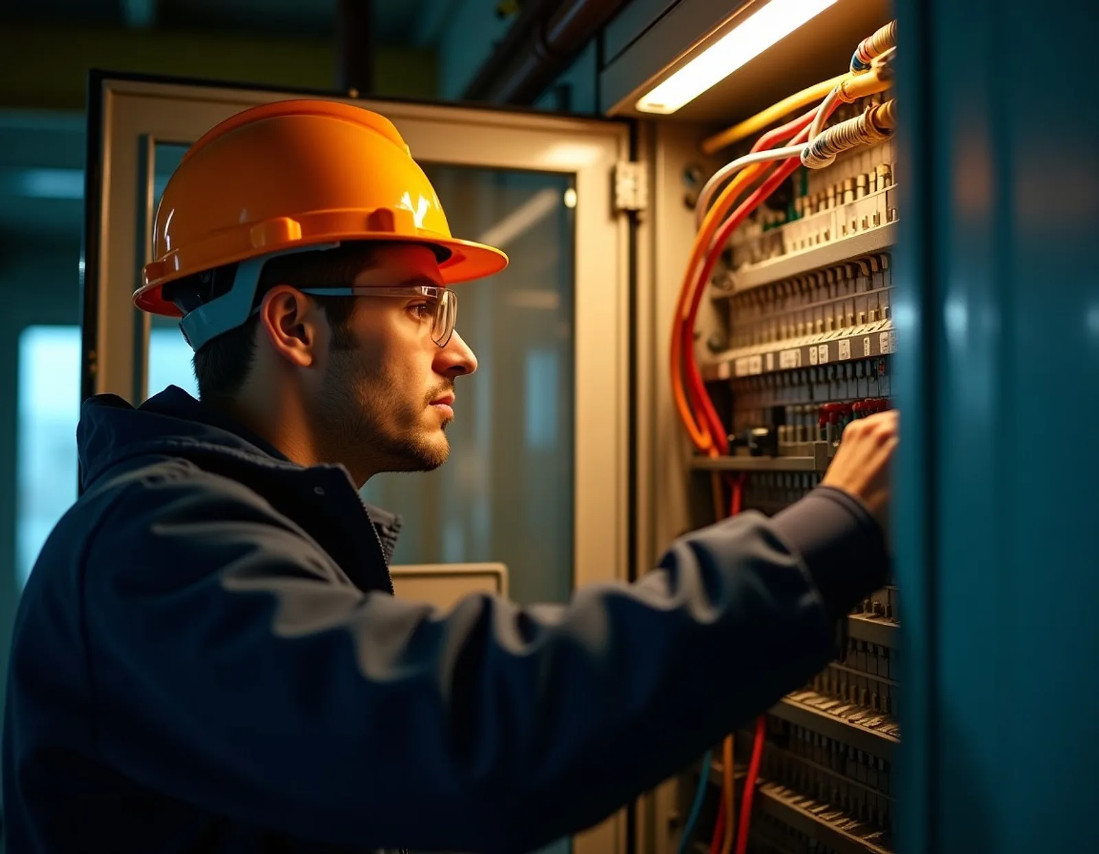 Marine electrician in a hard hat working inside an open switchboard cabinet with coloured wiring