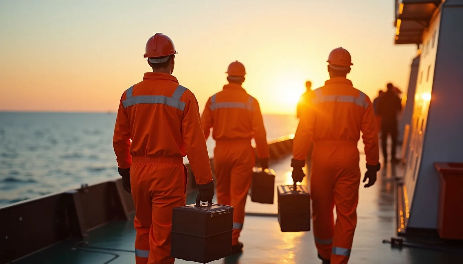 Three repair technicians in orange coveralls carrying toolboxes across a ship deck at sunset