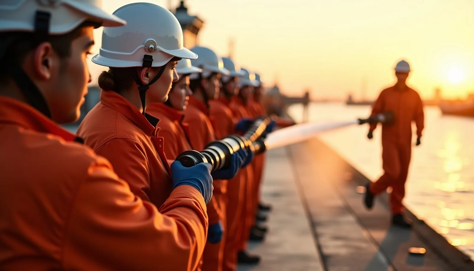 Trainees in orange coveralls and white helmets practising a firefighting drill with hoses on a shipyard quay