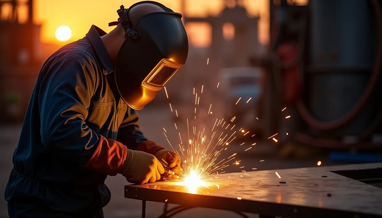Marine welder in a dark helmet and leather gloves welding a steel hull plate with golden sparks flying