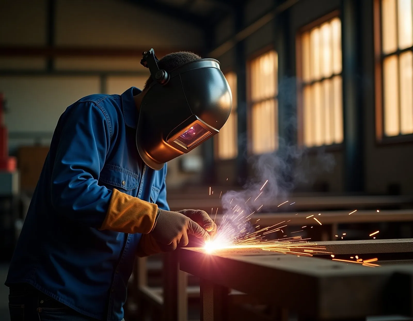 Welder in a test booth welding a steel pipe fixed at a forty-five degree angle