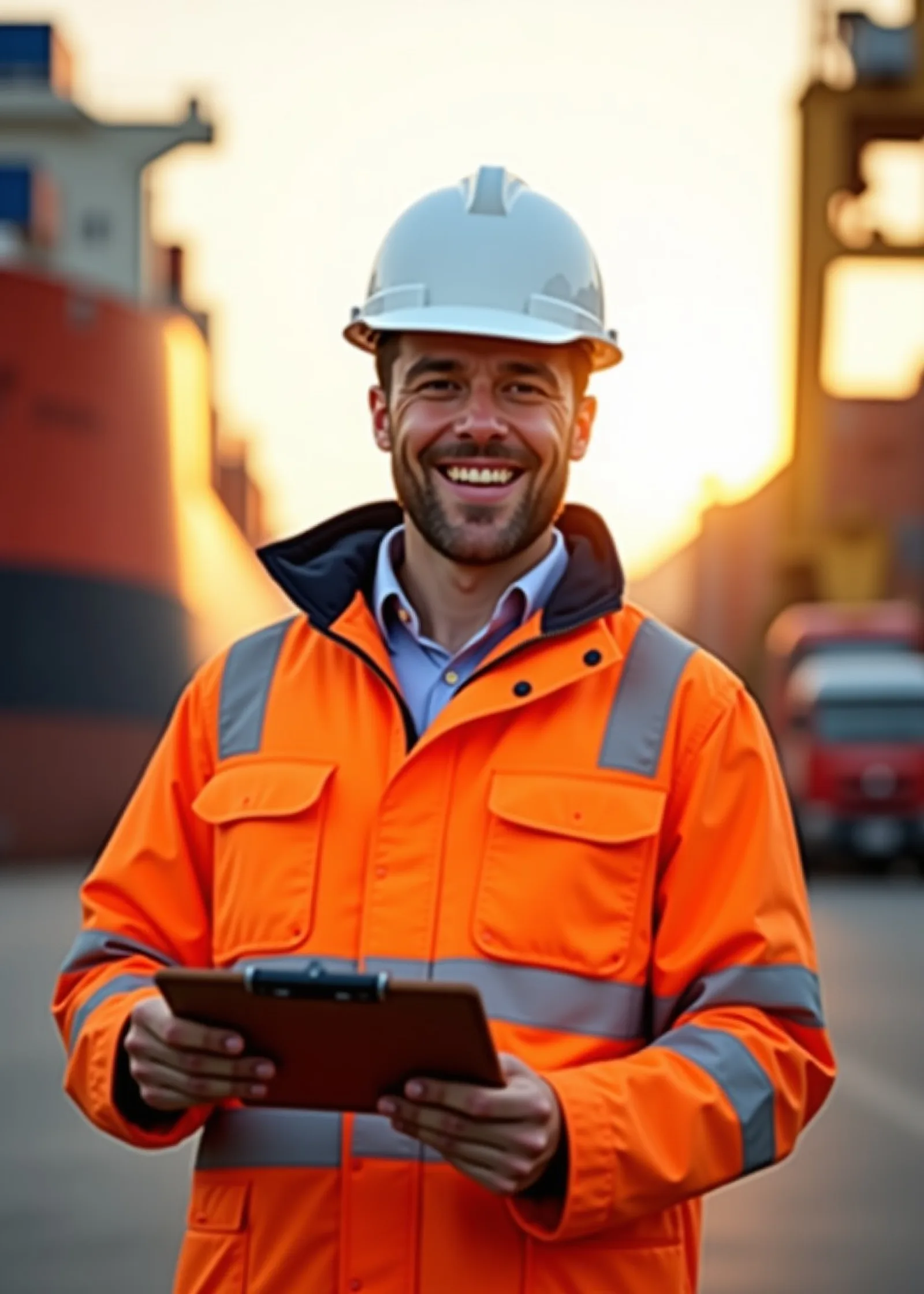Smiling yard supervisor in a white hard hat and orange hi-vis jacket holding a clipboard in front of a ship hull
