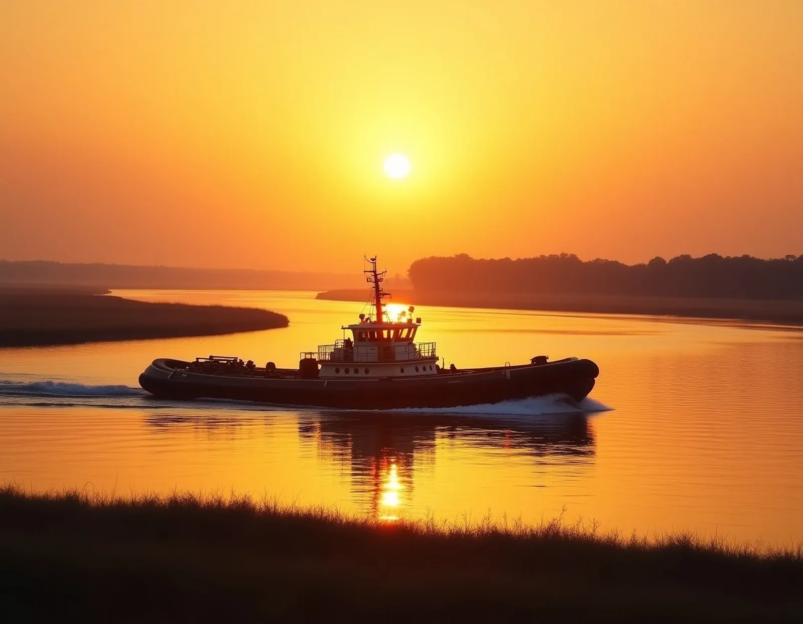 Tugboat pushing a loaded barge on a wide calm river at sunset with golden reflections