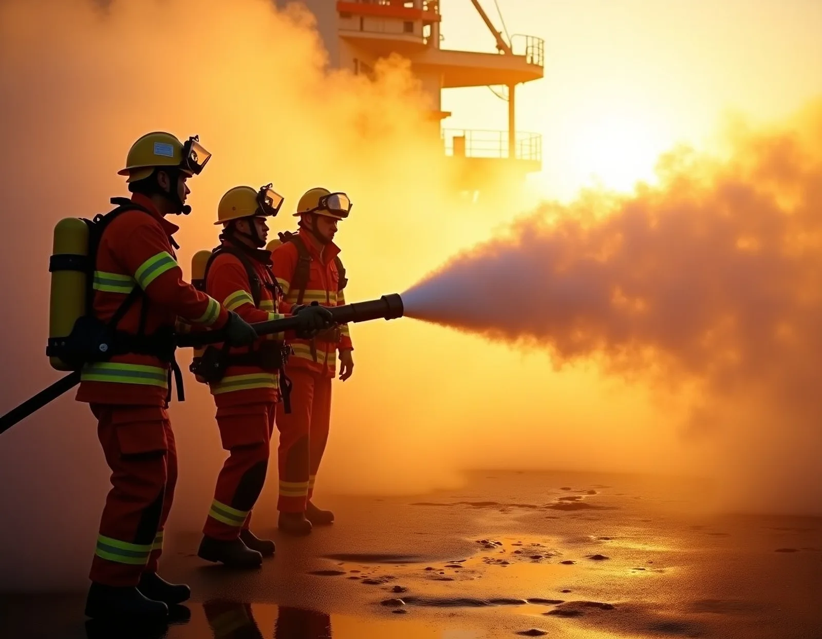Workers in fire suits and helmets handling a fire hose during a firefighting drill on a quay