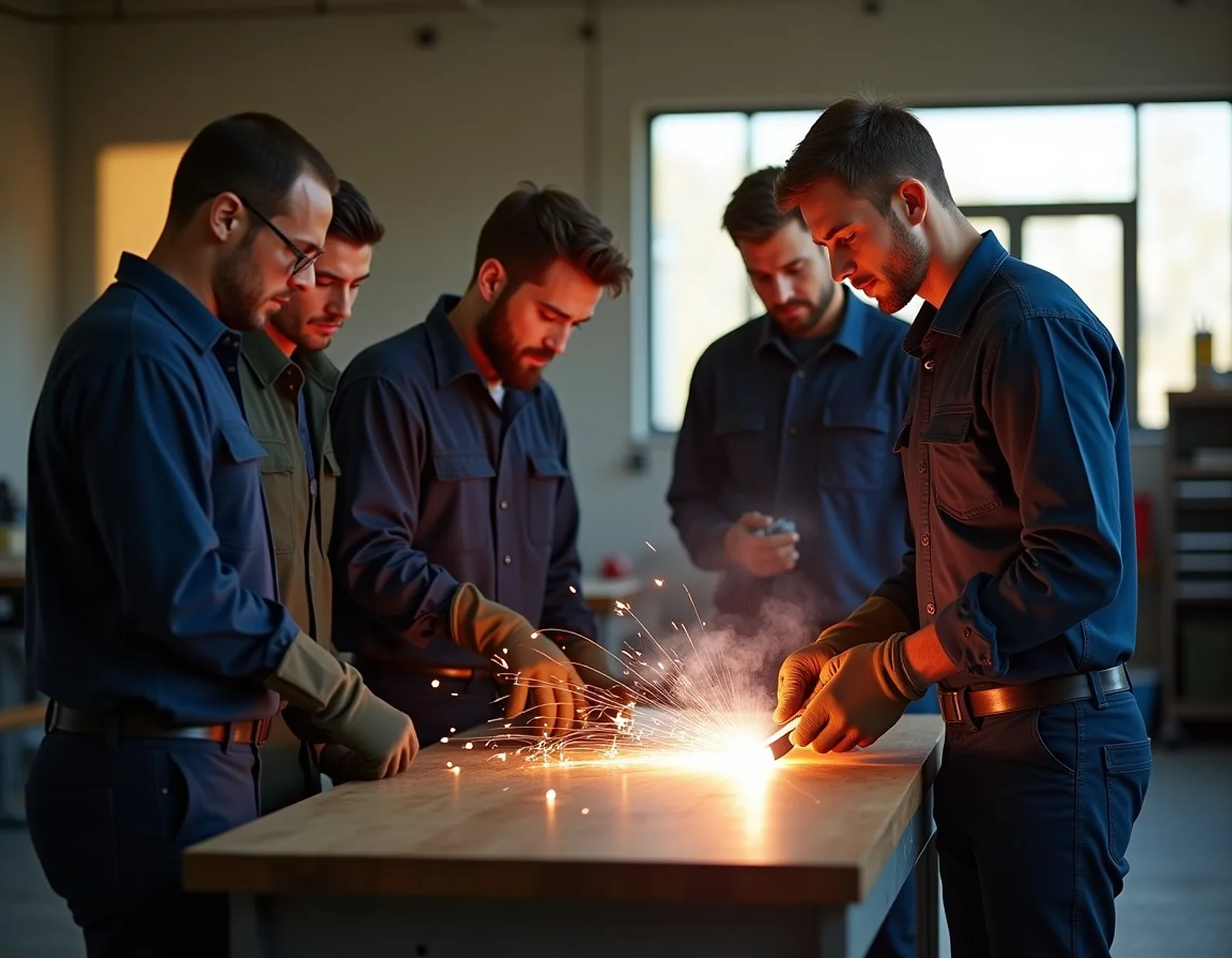 Instructor demonstrating safe welding setup to a small group of trainees around a workbench